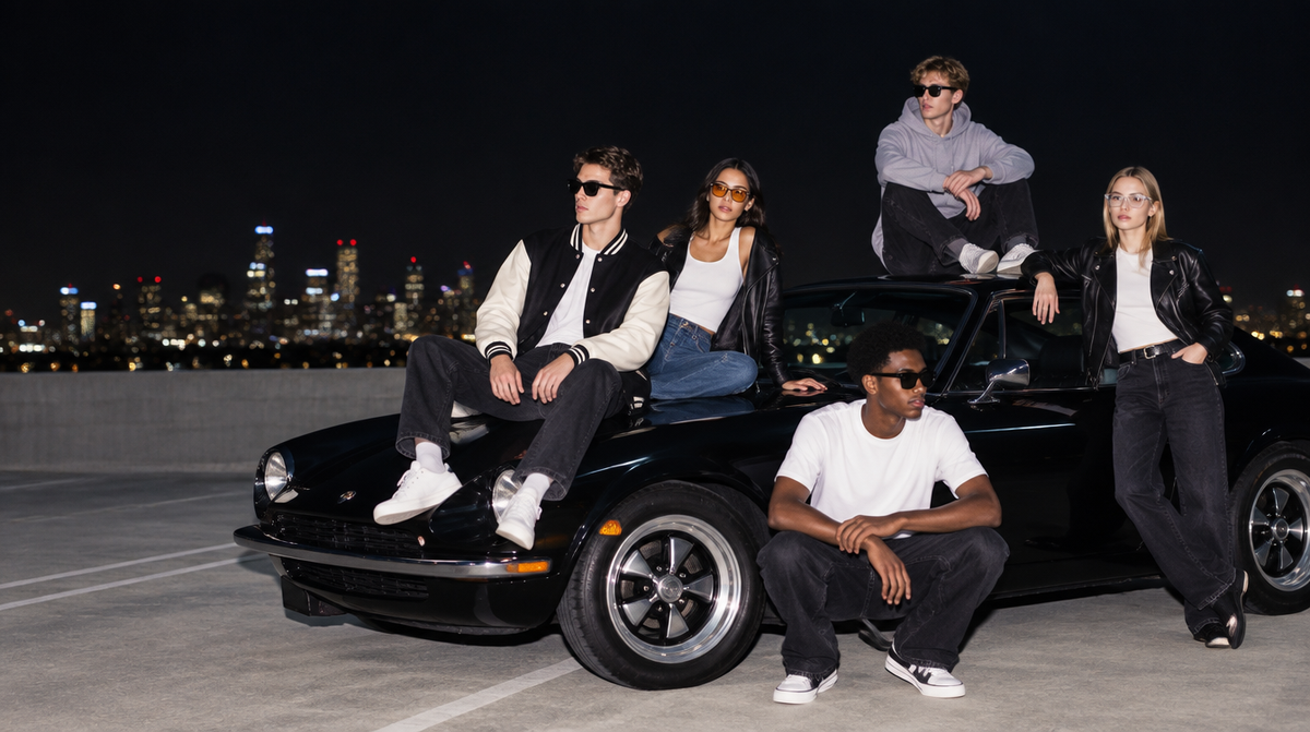 Friends in AFTERHOURS frames on a car on a rooftop at night