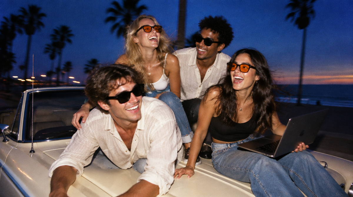 Friends in AFTERHOURS frames on a convertible at dusk